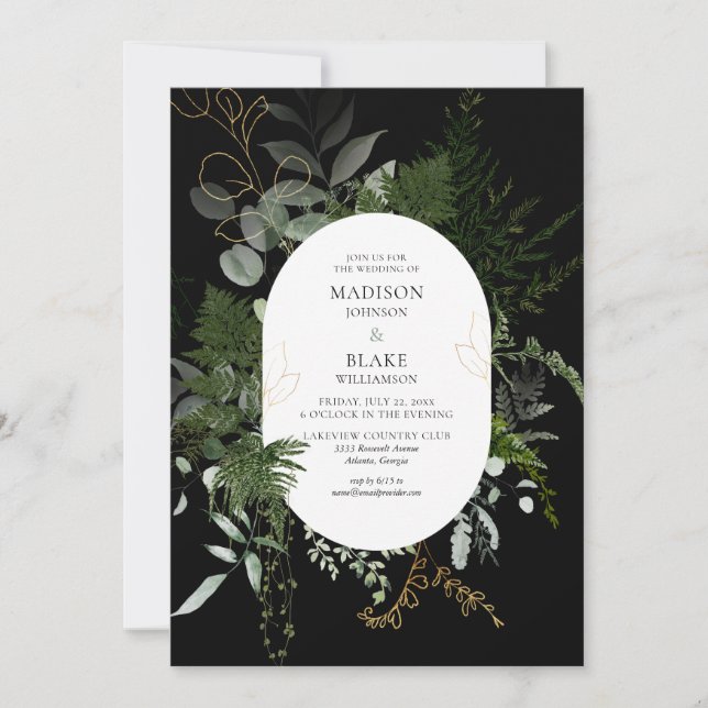 Chic Black Greenery Forest Wedding Invitation (Front)