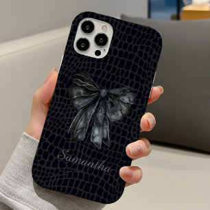 Chic Black Grey Coquette Crocodile Bow Monogram iPhone 16 Case