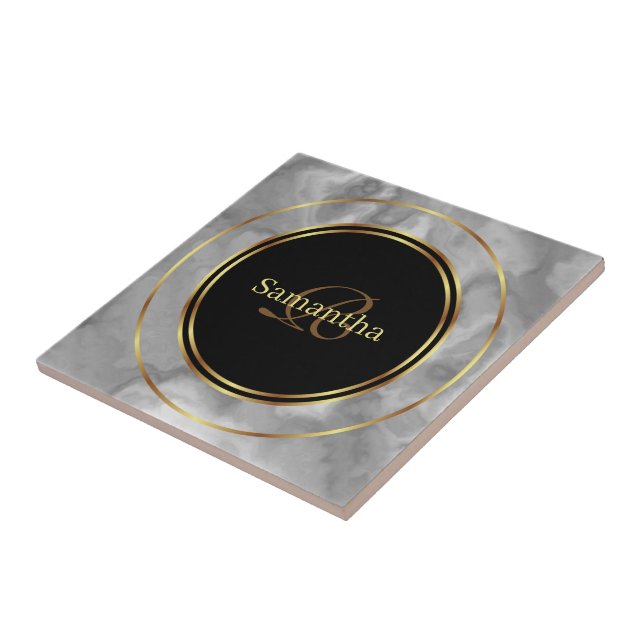 Chic Black Grey Gold Circles Marble Ceramic Tile (Side)
