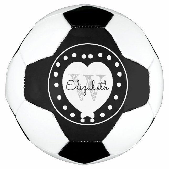 Chic Black Grey Initial Monogram White Heart Football (Front)