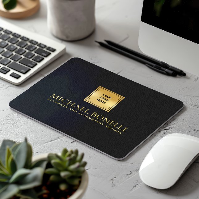 Chic Black Grey Leather Luxury Gold Logo NAME Mouse Mat (Creator Uploaded)