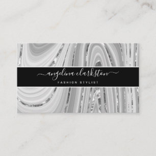 Chic Black Grey White Script Marble Agate Business Card