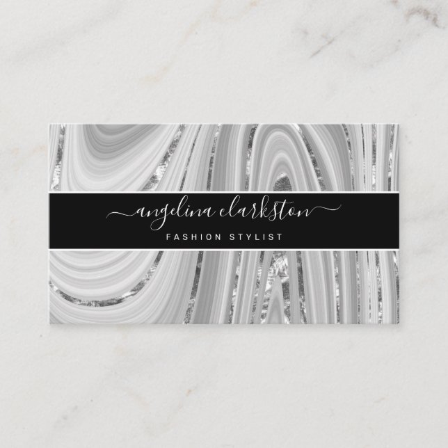 Chic Black Grey White Script Marble Agate Business Card (Front)