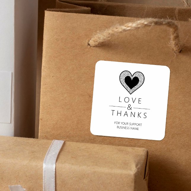 Chic Black Heart Lace Effect Love & Thanks Support Square Sticker (Creator Uploaded)