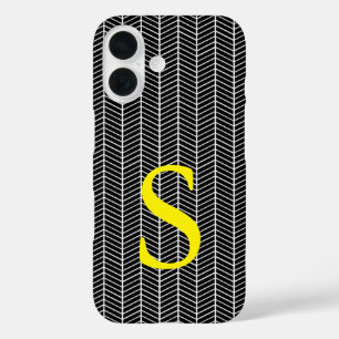Chic Black Herringbone Chevron Zig Zag Monogram iPhone 16 Case