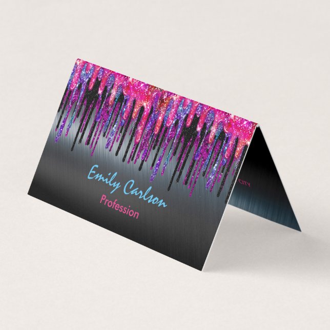 Chic black hot pink blue drips business card (Front)