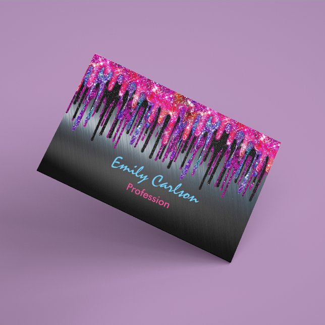 Chic black hot pink blue drips business card (Creator Uploaded)