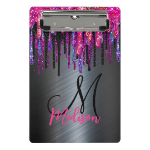 Chic black hot pink blue drips monogram clipboard