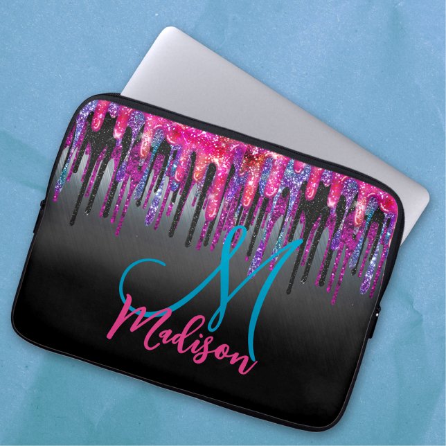 Chic black hot pink blue drips monogram laptop sleeve (Creator Uploaded)