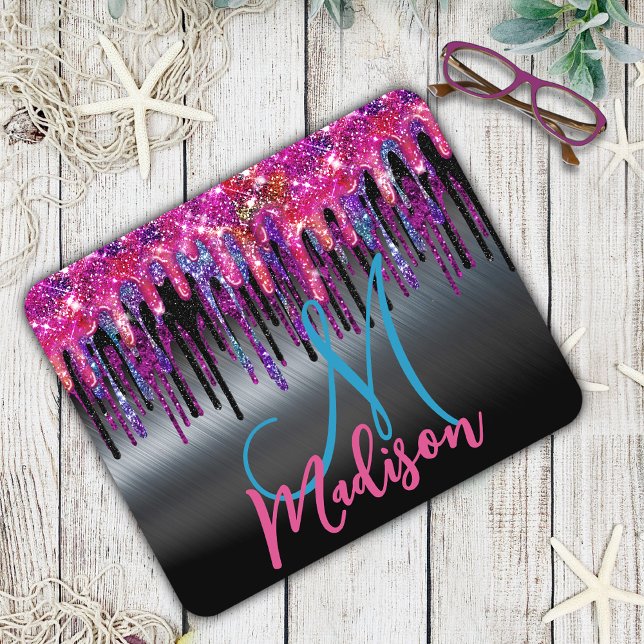 Chic black hot pink blue drips monogram mouse mat (Creator Uploaded)
