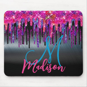 Chic black hot pink blue drips monogram mouse mat