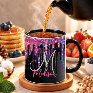 Chic black hot pink blue drips monogram mug