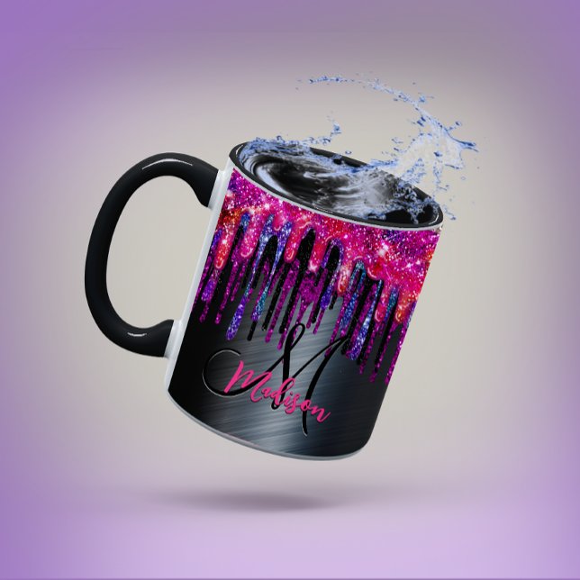 Chic black hot pink blue drips monogram mug (Creator Uploaded)