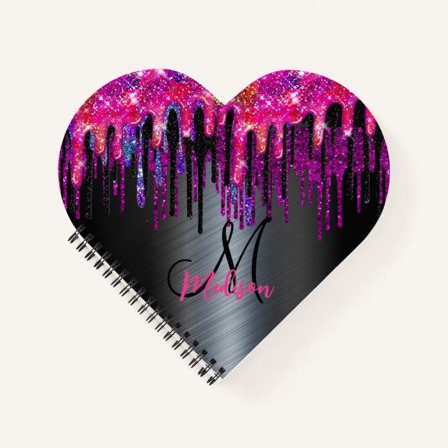 Chic black hot pink blue drips monogram notebook (Front)