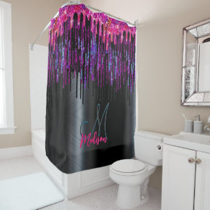 Chic black hot pink blue drips monogram shower curtain