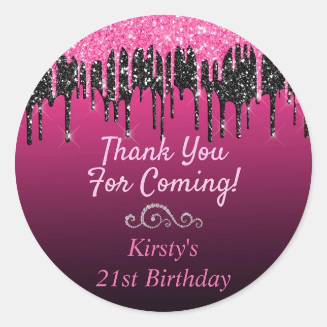 Chic Black Hot Pink Dripping Glitter Birthday Classic Round Sticker (Front)
