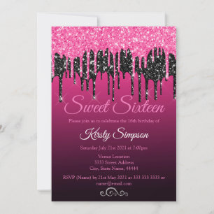 Chic Black Hot Pink Glitter Sweet Sixteen Party Invitation