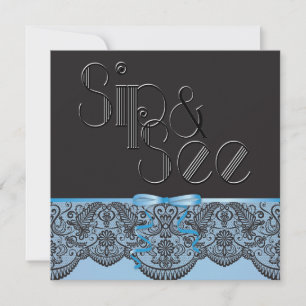 Chic Black Lace and Blue Sip and See Invitation