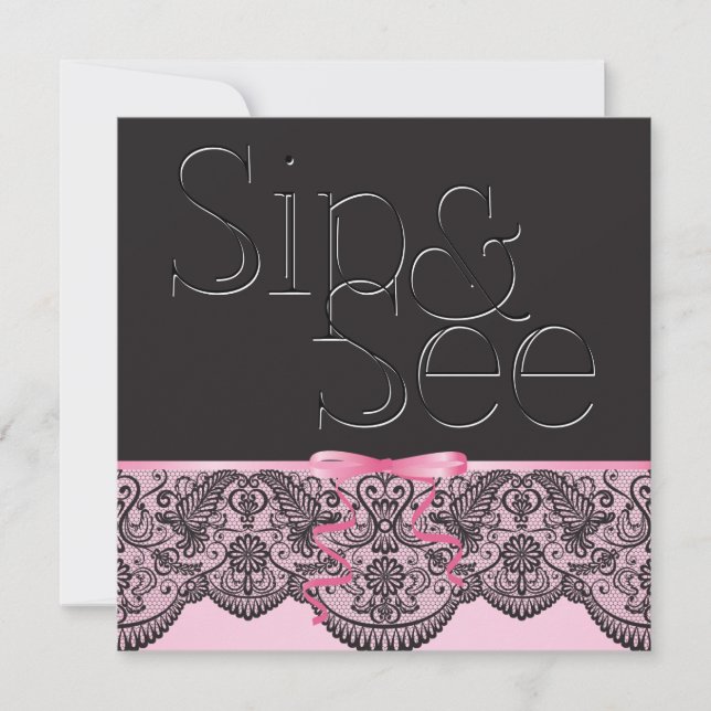 Chic Black Lace and Pink Sip and See 2 Invitation (Front)