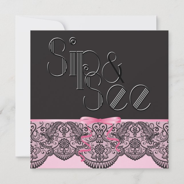 Chic Black Lace and Pink Sip and See Invitation (Front)