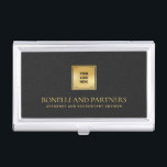 Chic Black Leather Business Corporate Gold Logo Business Card Holder<br><div class="desc">This luxury business card holder boasts a refined black grey leather-textured illustration, perfectly paired with your business logo over a faux gold overlay for a premium, professional look. Your name, profession, or firm name stands out in opulent gold-tone lettering, creating a timeless and unforgettable impression. Ideal for professionals across various...</div>