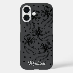 chic black  light grey coquette bows monogram  iPhone 16 case