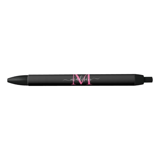 Chic Black Magenta Pink Monogram Script Name Black Ink Pen (Front)