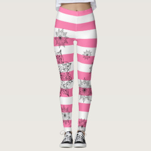 Chic Black Mandalas on Pink and White Stripes Leggings