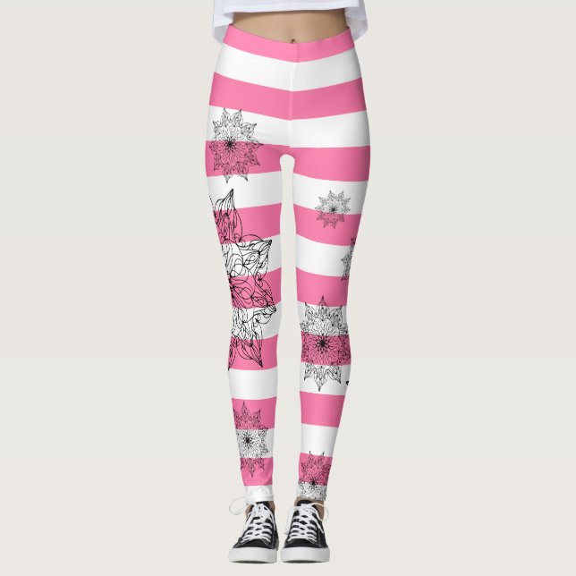Chic Black Mandalas on Pink and White Stripes Leggings (Front)