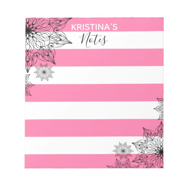 Chic Black Mandalas on Pink and White Stripes Notepad (Front)