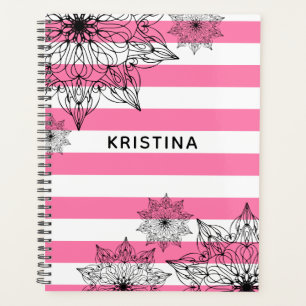 Chic Black Mandalas on Pink and White Stripes Planner