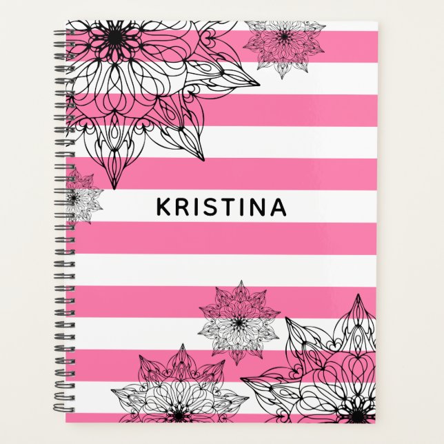 Chic Black Mandalas on Pink and White Stripes Planner (Front)