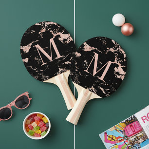 Chic Black Marble Rose Gold Foil Monogram Ping Pong Paddle