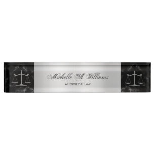 Chic Black Marble Silver Scales of Justice Lawyer Nameplate