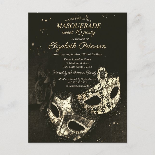 Chic Black Masquerade, Masque Sweet 16 Invitation Postcard (Front)
