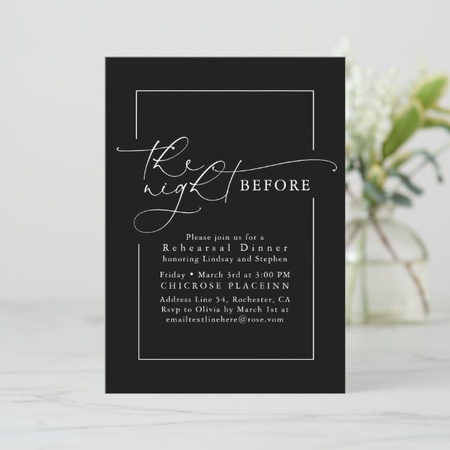 Chic Black Minimalist Modern Rehearsal Dinner Invitation (Standing Front)