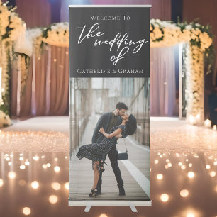 Chic Black Minimalist Photo Wedding Welcome Retractable Banner