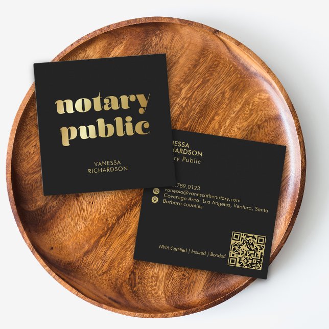 Chic Black Modern Gold Notary Public Marketing  Square Business Card (Creator Uploaded)