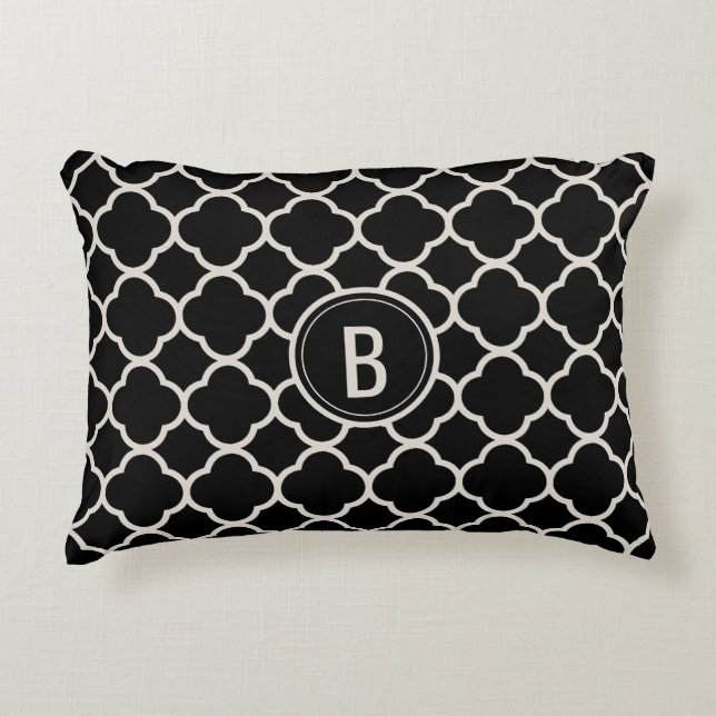 Chic Black Monogram Quatrefoil Pattern Decorative Cushion (Front)