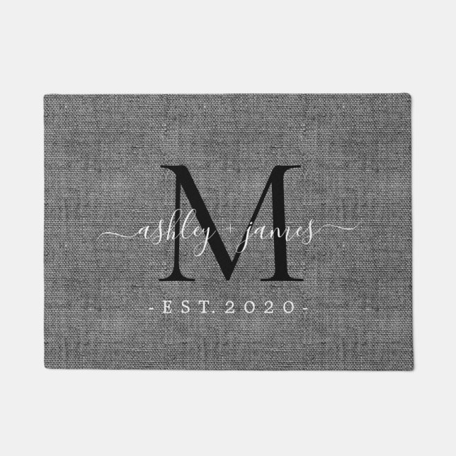 Chic Black Monogram Script Names Year Grey Linen Doormat (Front)