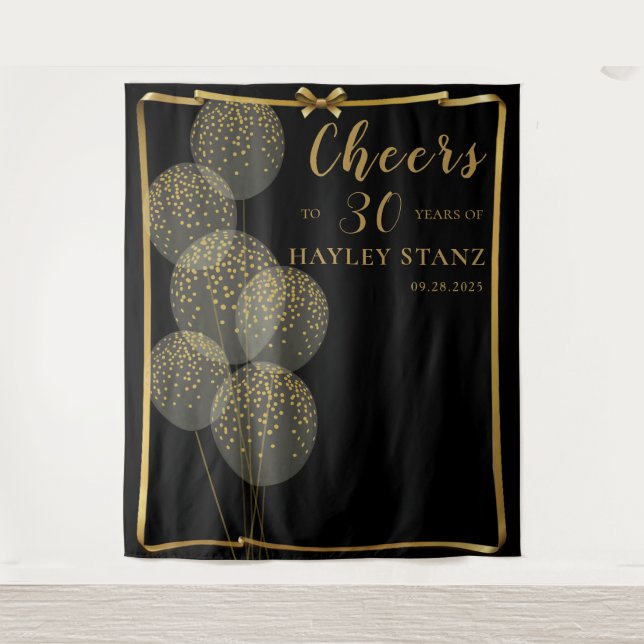 Chic Black n Gold Female's Birthday Photo Backdrop Tapestry (Front)