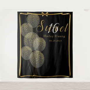 Chic Black n Gold Sweet 16 Birthday Photo Backdrop Tapestry