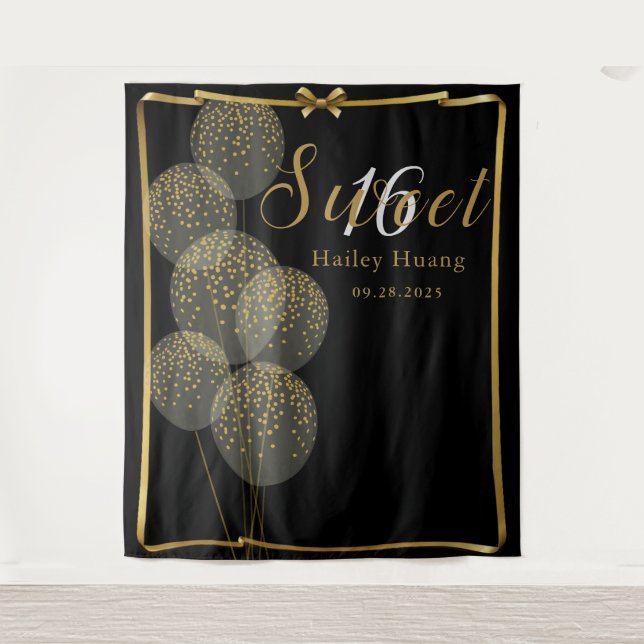 Chic Black n Gold Sweet 16 Birthday Photo Backdrop Tapestry (Front)