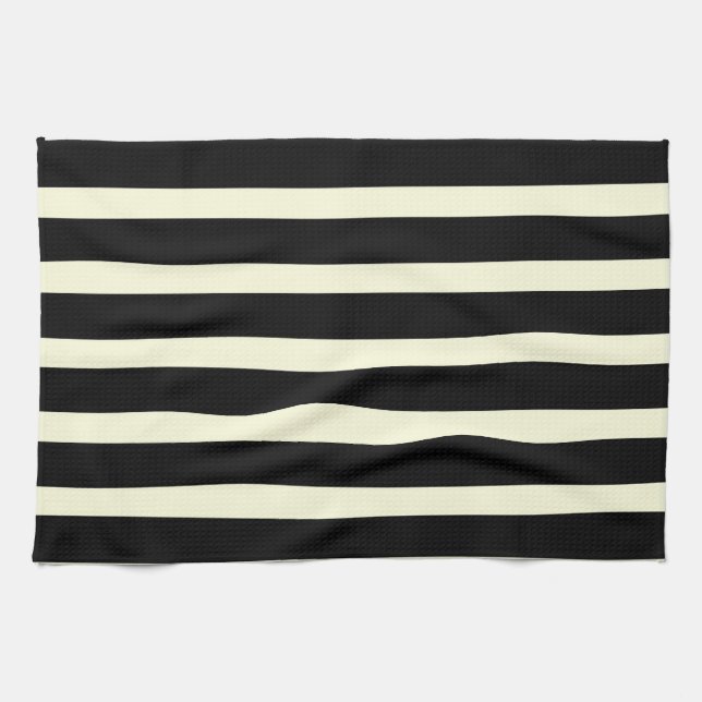 Chic Black Off-White Stripes Striped Pattern Tea Towel (Horizontal)