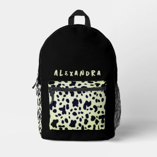 Chic Black Pastel Green Cow Animal Pattern Name Printed Backpack