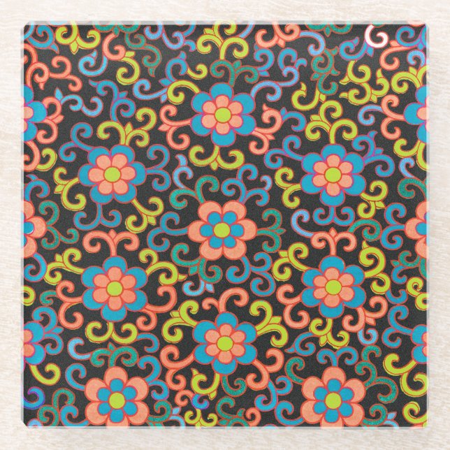 Chic Black Pattern with Colorful Floral  Glass Coaster (Front)