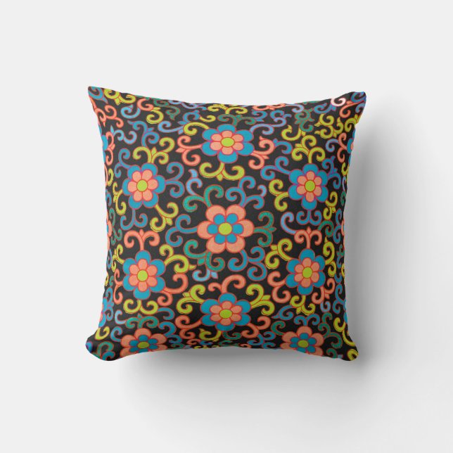 Chic Black Pattern with Colourful Floral  Cushion (Front)