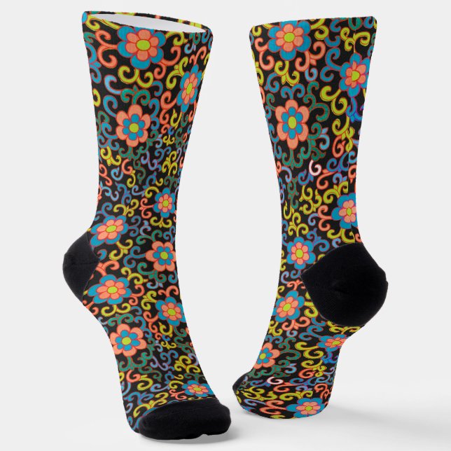Chic Black Pattern with Colourful Floral  Socks (Angled)