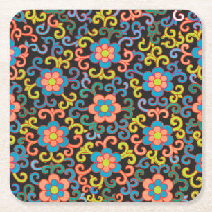 Chic Black Pattern with Colourful Floral Square Paper Coaster