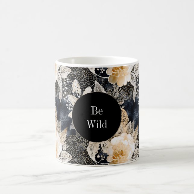 Chic Black Peach White Floral Leopard Animal   Coffee Mug (Center)